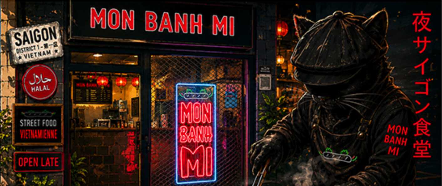 Devanture Mon Banh Mi façon manga, chat chef au béret