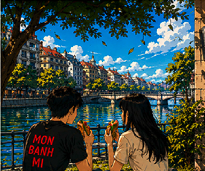 Illustration : deux personnes mangent un banh mi au bord de l'eau